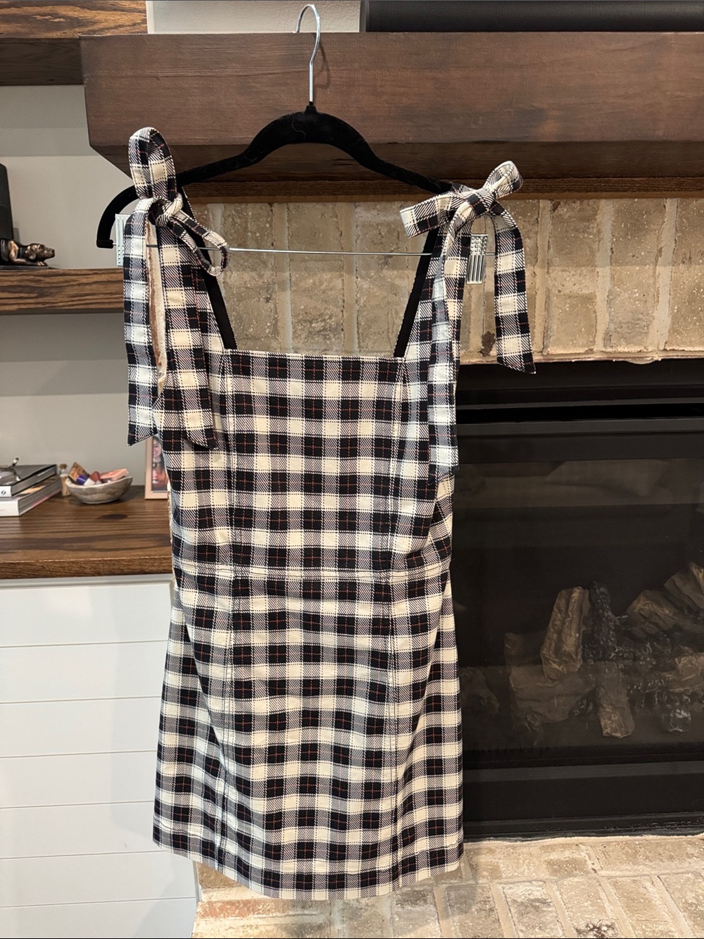 Alice + Olivia Black and Cream Plaid Tie-Shoulder Mini Dress